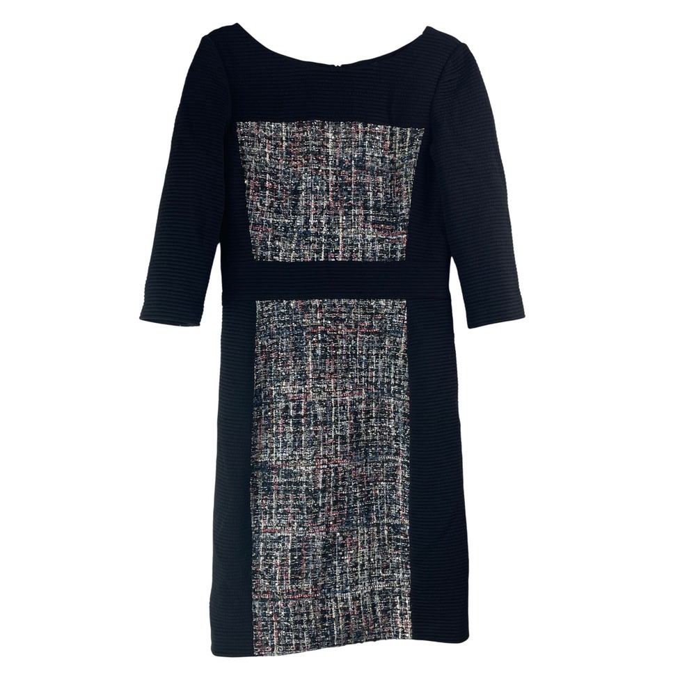Badgley Mischka Black Ribbed Knit Multi Tweed Sheath Dress Size 10 3/4 Sleeve